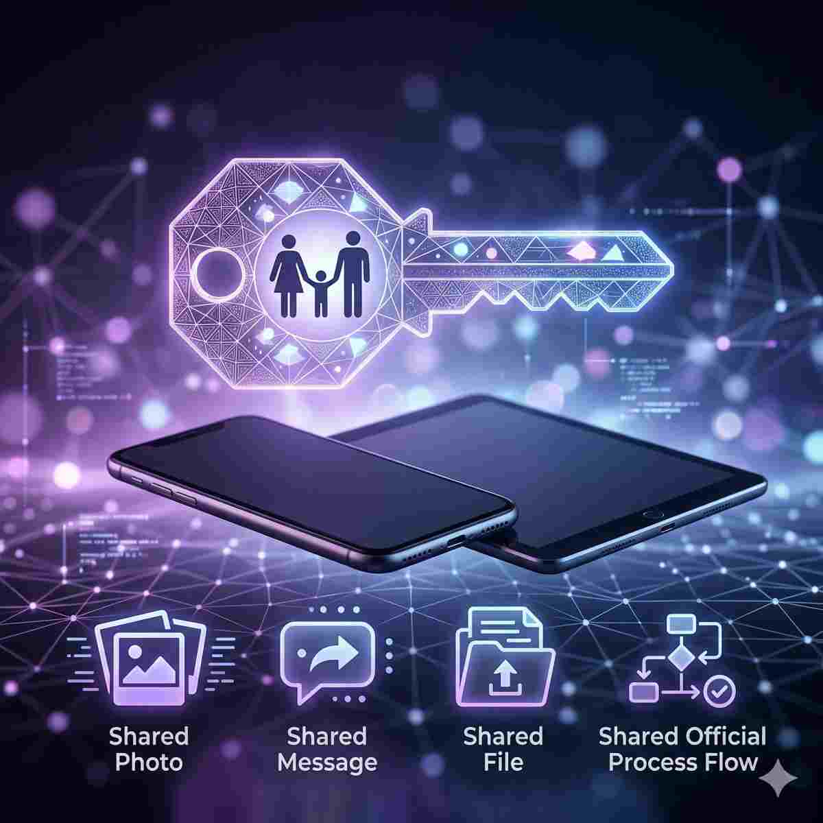 インフォグラフィック写真。閉じた汎用スマートフォンとタブレットの上に浮かぶ、幾何学模様と家族のシルエットで作られた詳細なコンセプトキーアイコン。下部には、共有データ写真、メッセージ、ファイルと公式なプロセスフローを表すアイコンがある。抽象的なデジタル環境、柔らかな紫と青の光。