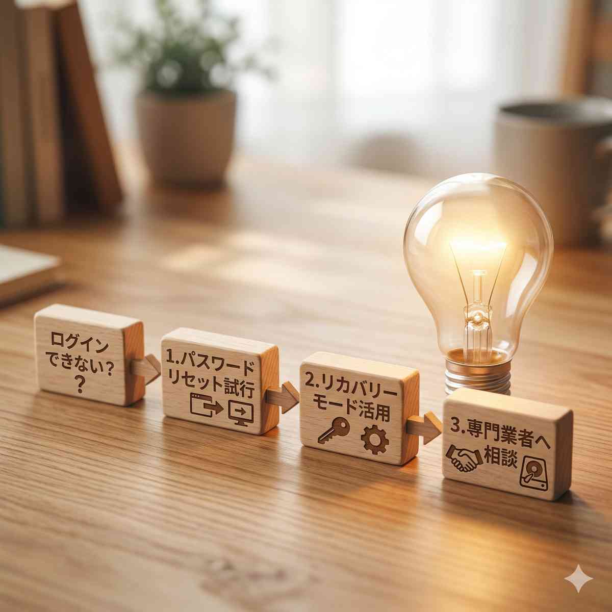 デスクの上で光る電球へと続く、明確なステップバイステップのフローチャート状に配置された小さな木のブロックのコンセプチュアルなインフォグラフィック風写真、柔らかな温かみのあるフォーカス
