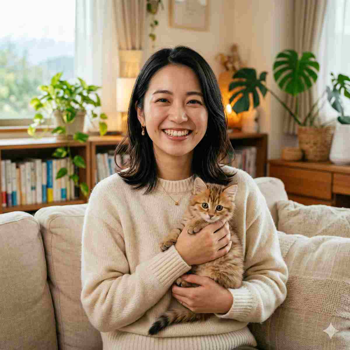 可愛い子猫を抱きかかえて温かく微笑む20代日本人女性