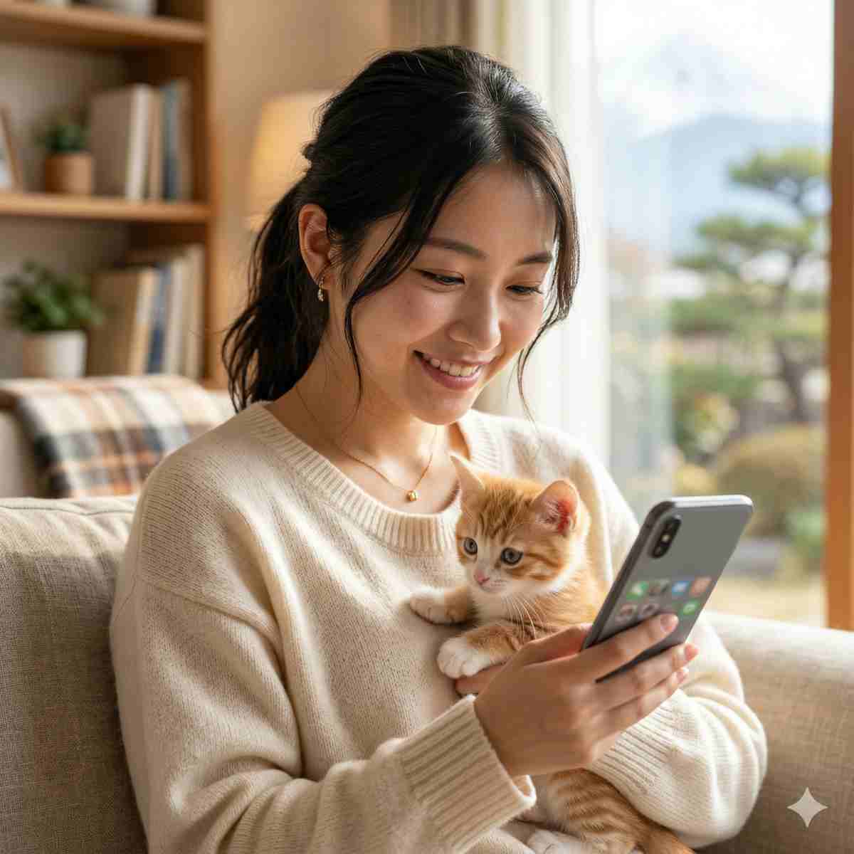 安全な活用をイメージした、子猫を抱いてスマートフォンを見る20代日本人女性
