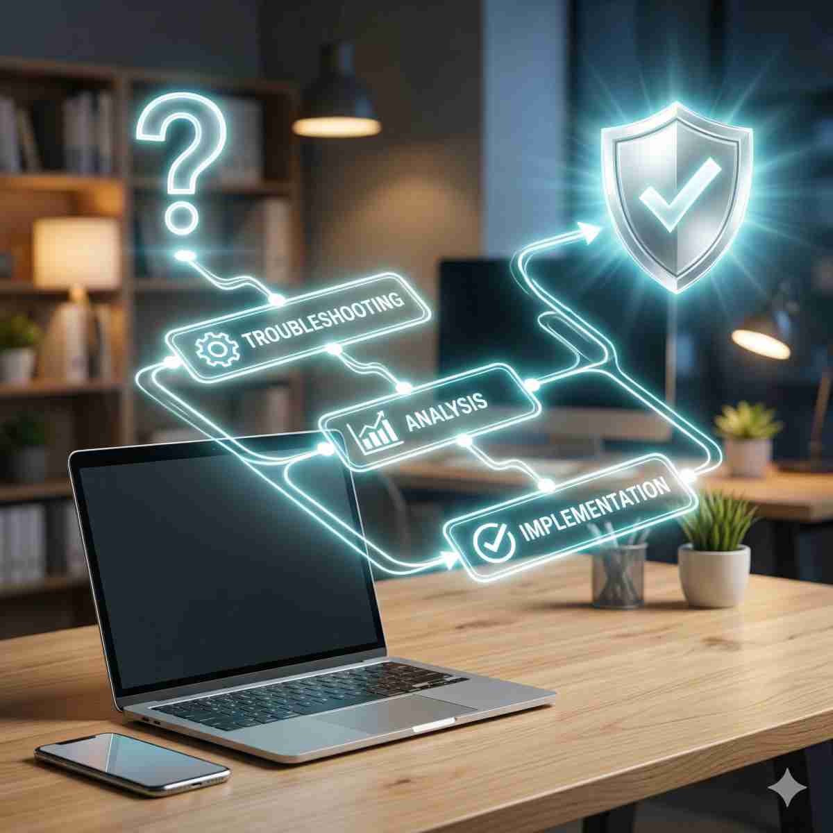 解決までの手順を光のフローチャートで表現した、スマートデバイスから成功の盾へと続く整理されたイメージ
