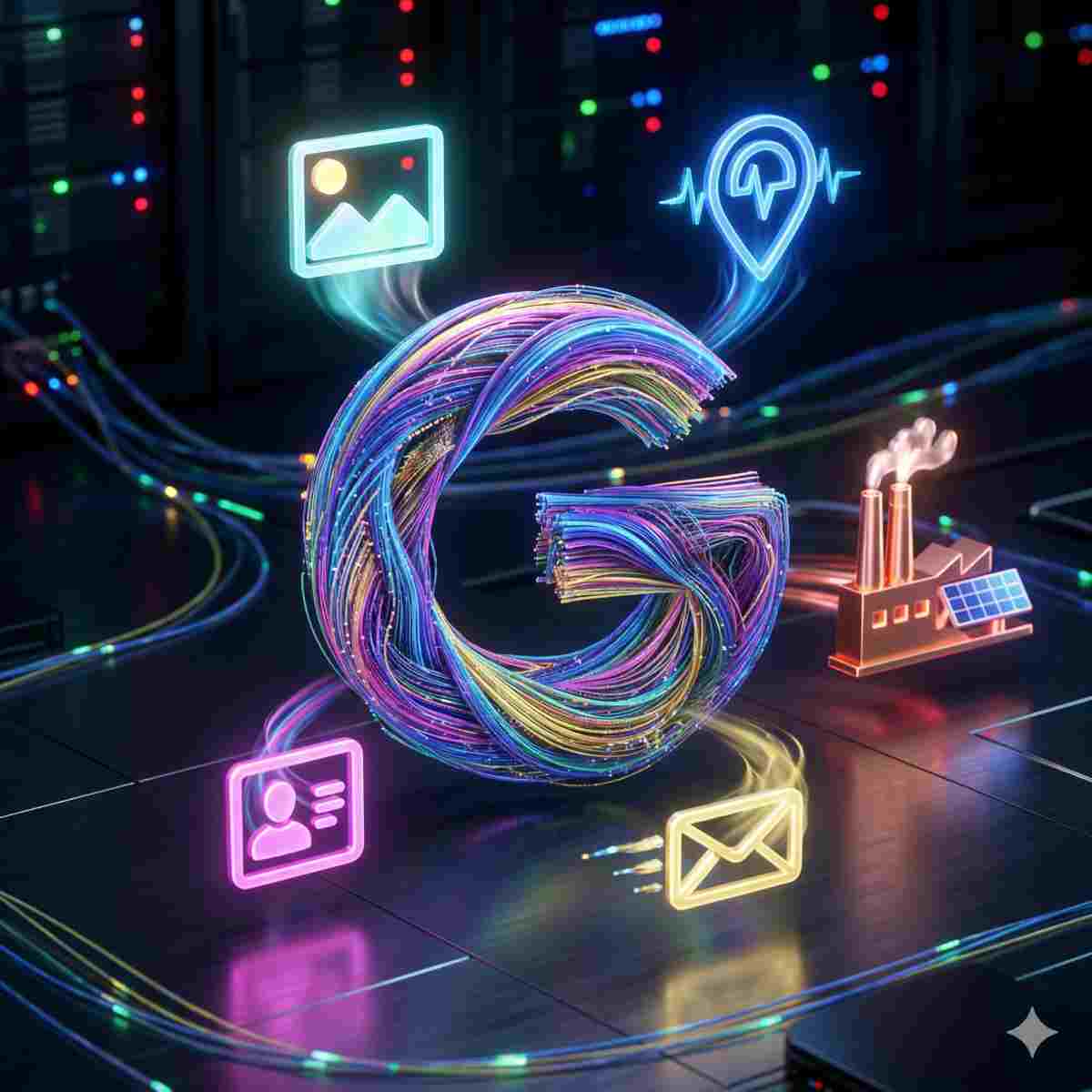 インフォグラフィック写真。カラフルな織り合わされたデータストリームで作られた、大きなコンセプトGアイコン抽象的、公式ロゴではないが中央にある。それは動的なデータアイコン写真、位置、連絡先、メールと様式化されたメーカー工場建物のアイコンに囲まれている。明るく多様なカラフルな照明。