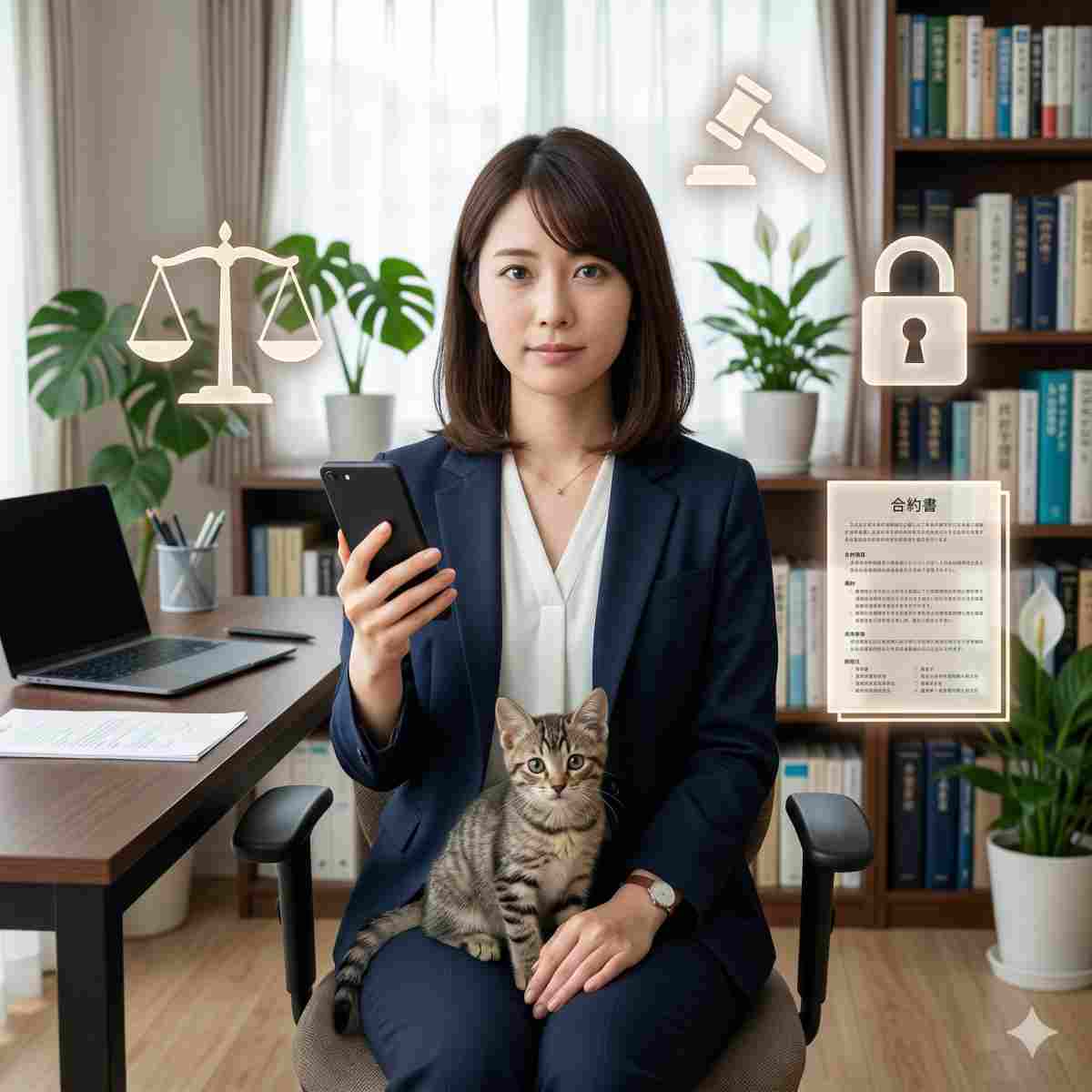 清潔でプロフェッショナルなオフィスまたは書斎での写真。少し真剣だが信頼できる表情で、プロフェッショナルに見える20代の日本人女性が汎用スマートフォンを持っている。可愛いトラ猫が彼女の膝の上に座り、カメラを見ている。インフォグラフィックの法的なアイコン正義の天秤、ガベル、南京錠、抽象的な日本語テキスト構造を持つテキストドキュメントが周囲を飛んでいる。柔らかなスタジオ光。