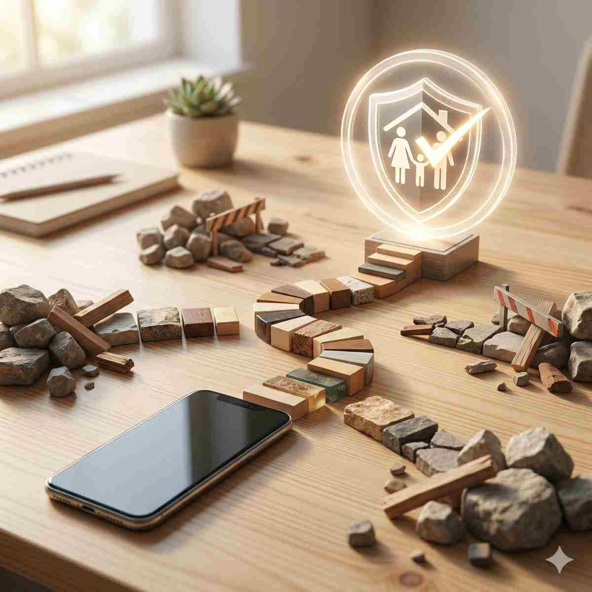 コンセプト写真。汎用スマートフォンが机の上の曲がりくねった小道の起点にある。小道は明確で、様式化された、中に抽象的な家族の紋章と輝くチェックマークがある放射状のデジタルシールドに直接続く階段状のブロックで作られている。他の脇道は塞がれているか壊れている。柔らかな温かみのある自然光。