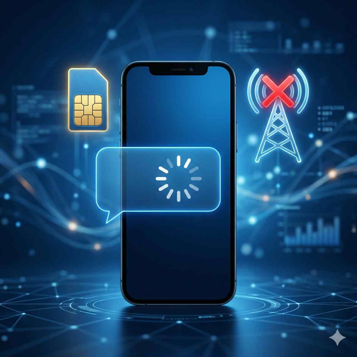確認コードが届かないことを象徴する、読み込み中のスマートフォン画面と送信エラーのアイコンが浮かぶデジタルなイメージ
