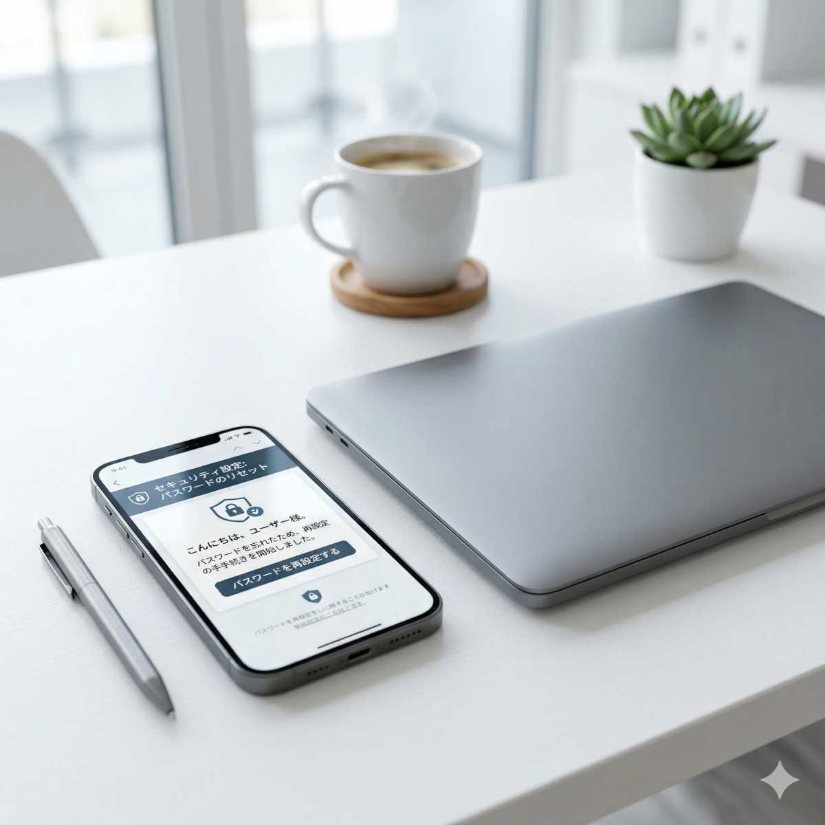 清潔な白いデスクの上にある閉じたノートパソコンと抽象的なパスワードリセットメール画面を表示したスマートフォン、背景にコーヒーカップ、明るいオフィス照明
