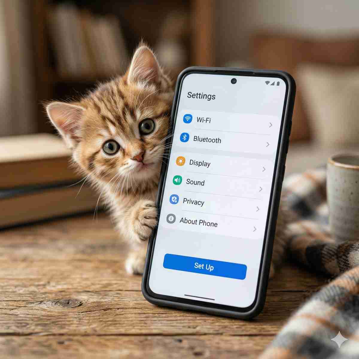 オーガナイザーの設定をイメージした、スマートフォンの画面とそれを見つめる子猫
