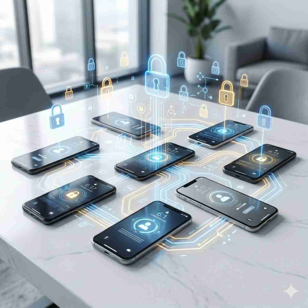 白いテーブルの上で光るデジタル線で繋がった複数のスマートフォンと南京錠のシンボル