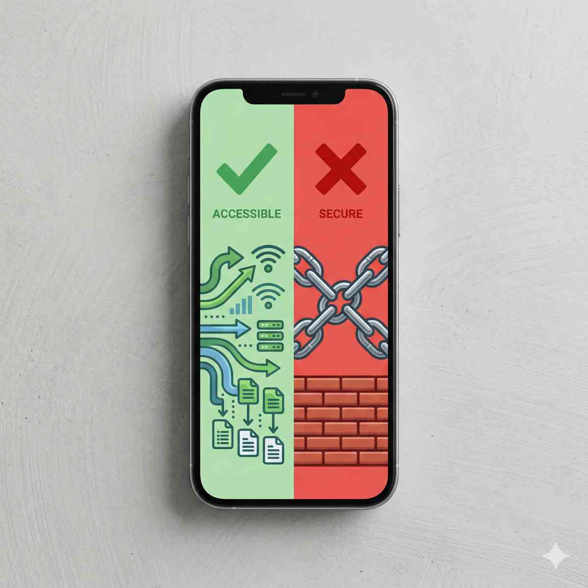  汎用スマートフォンのコンセプト写真。画面が垂直に分割されている。左側には緑色のチェックマークと動的なデータフローアイコンロック解除可能、右側には赤色のXとレンガの壁または鎖のアイコン強固なセキュリティ。清潔な背景。ロゴなし。
