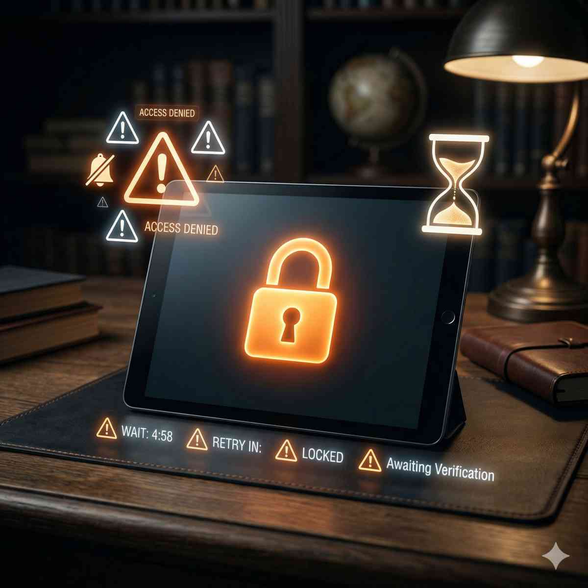 画面中央にオレンジ色に光る大きな南京錠のアイコンが表示され、アカウントがロックされている状態を示すタブレットと警告のアイコン

