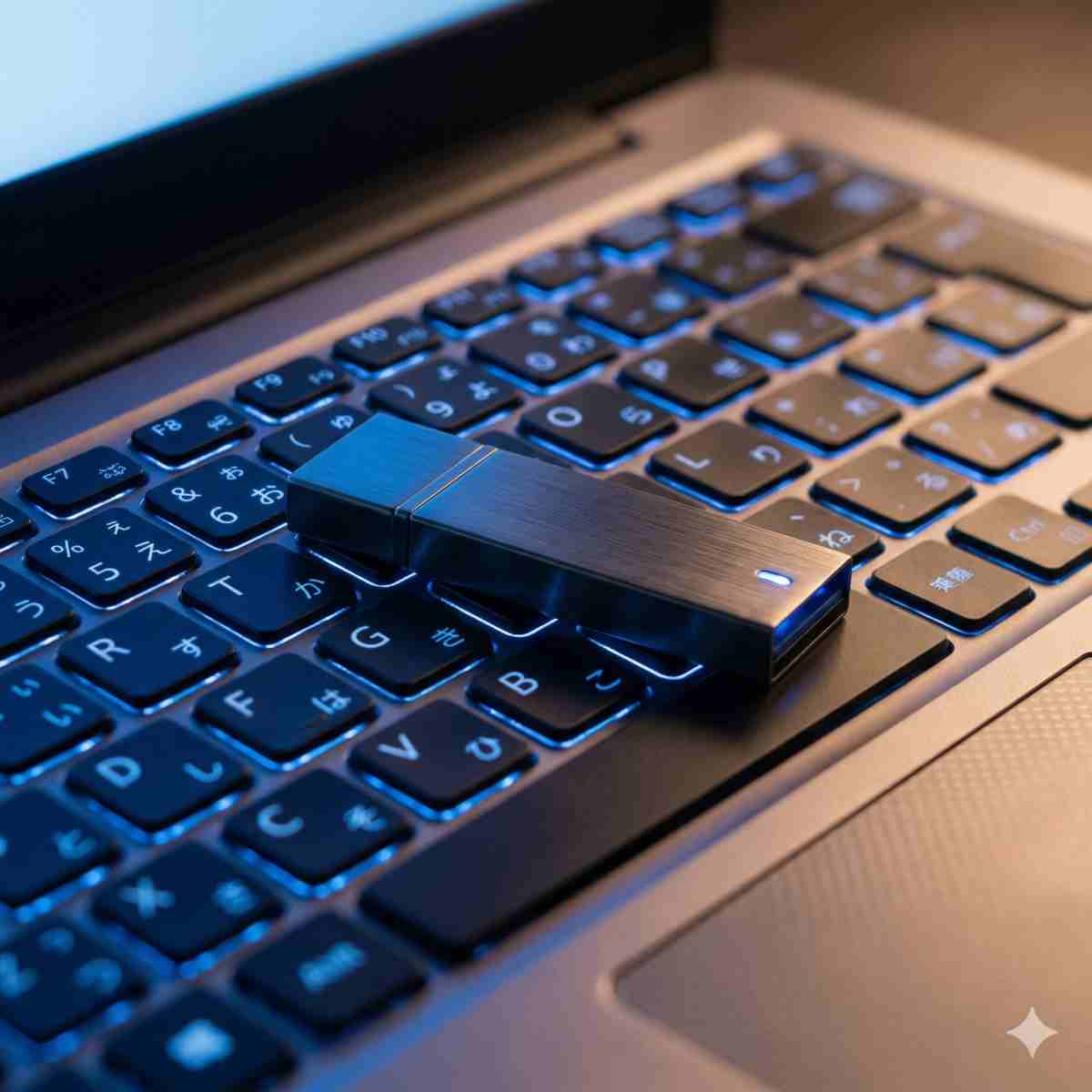 ノートパソコンのキーボードの上に置かれたスタイリッシュなUSBメモリ、青いネオンと温かみのある環境光、マクロ撮影、技術的でモダンな雰囲気
