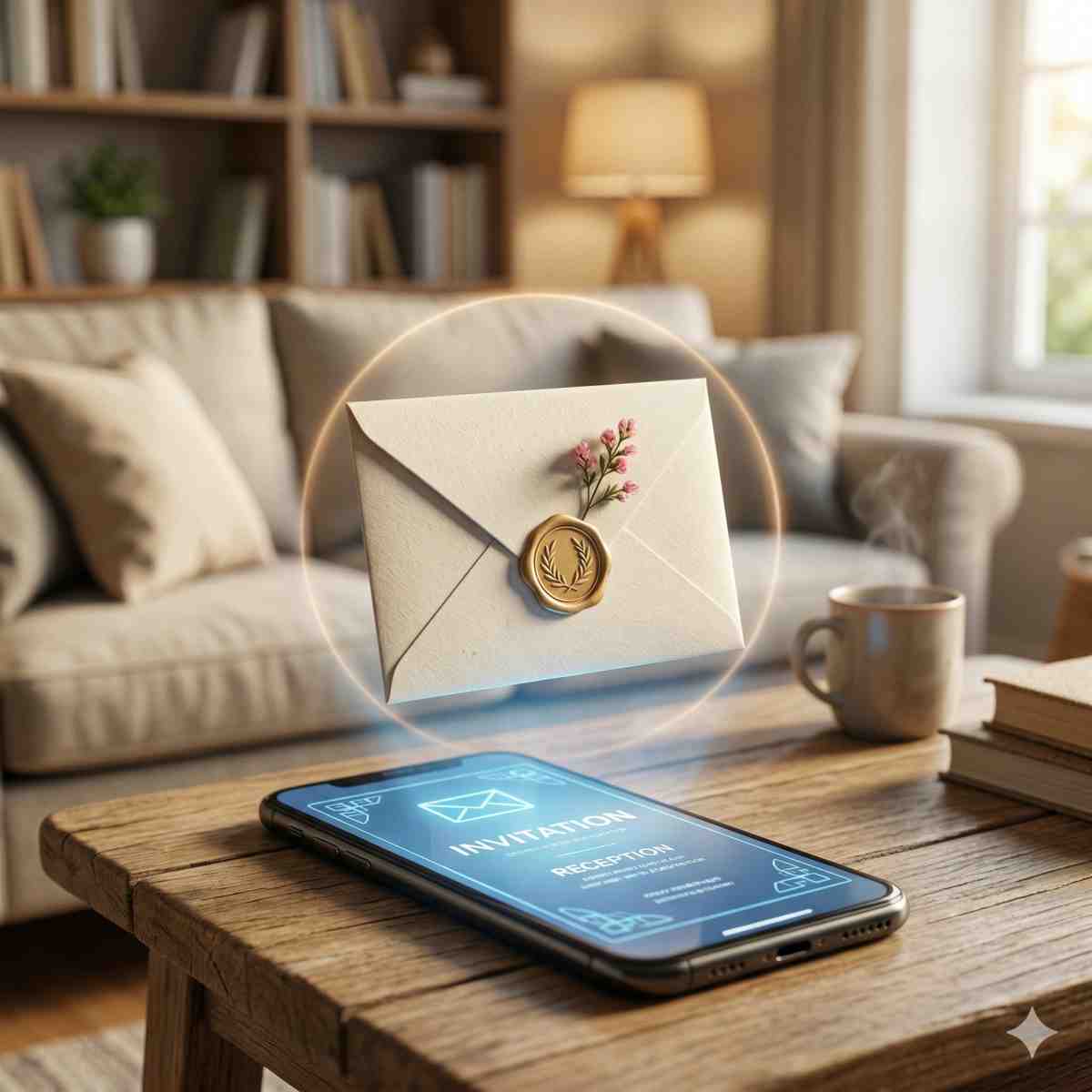 家族への招待通知をイメージした、スマートフォンと浮かび上がる封筒のアイコン