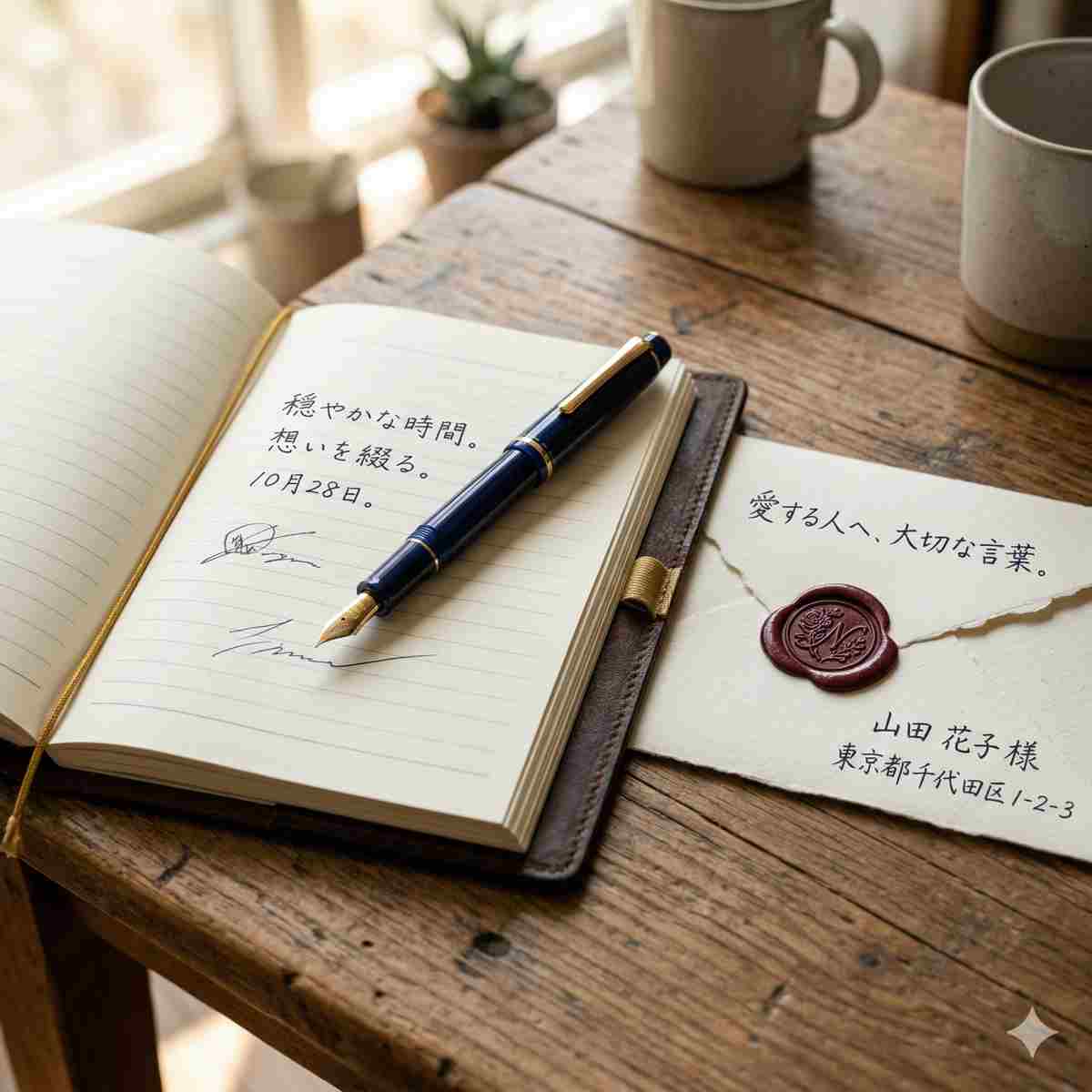 木のテーブルに置かれた万年筆が添えられた開いたノートと封筒