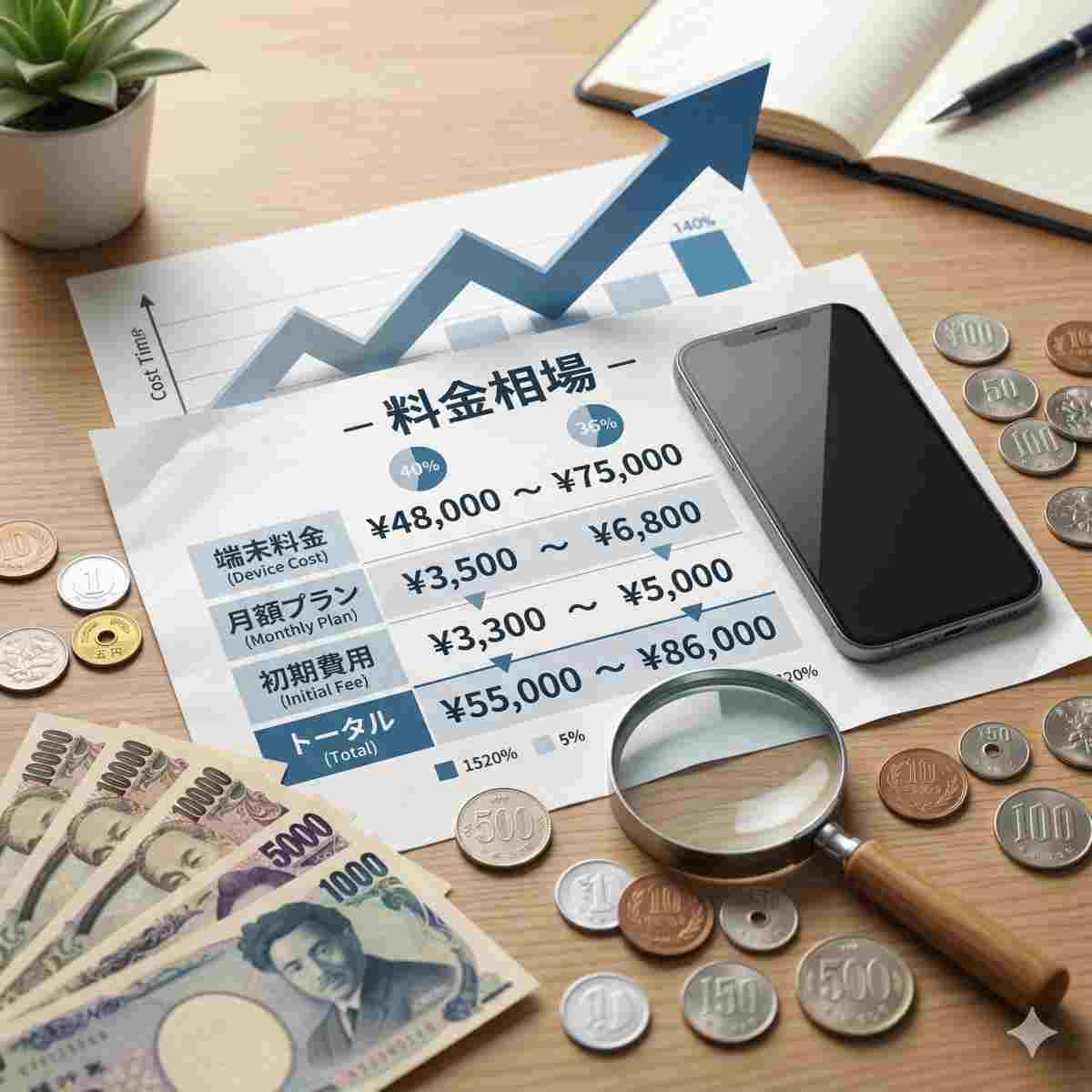 インフォグラフィック写真。紙に日本語テキスト料金相場と円記号が書かれた表があり、汎用スマートフォンの横にある。日本円の硬貨と紙幣が周囲に配置されている。上昇する矢印チャート。プロフェッショナルなスタジオ照明。