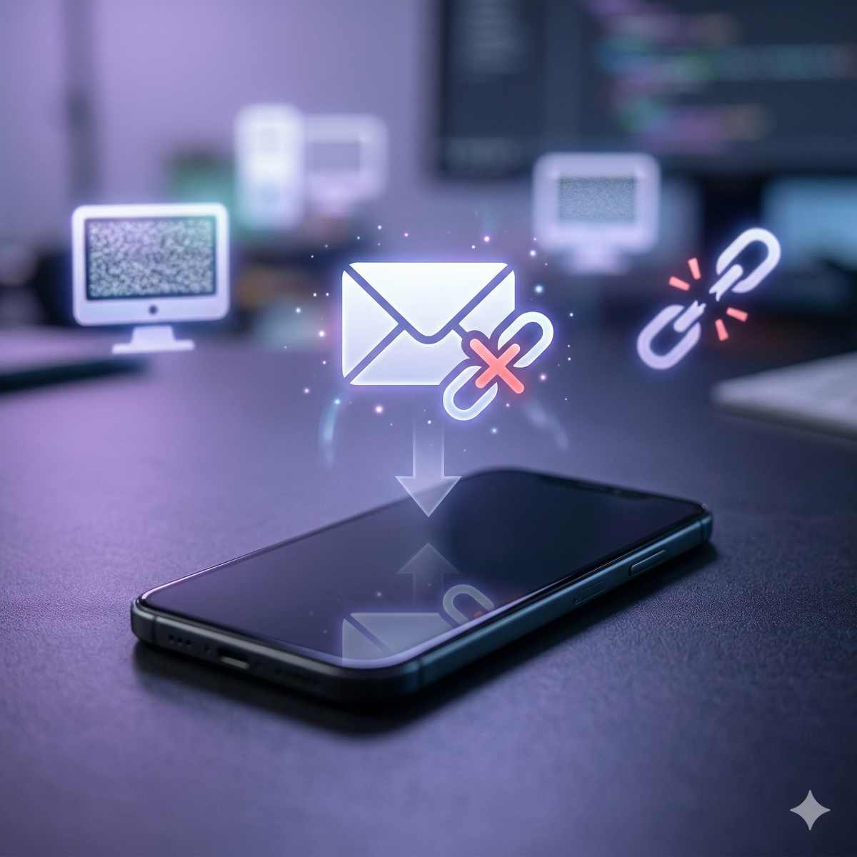 古いメールアカウントにアクセスできないことを表現した、リンクが切れた封筒アイコンとスマートフォンのイメージ
