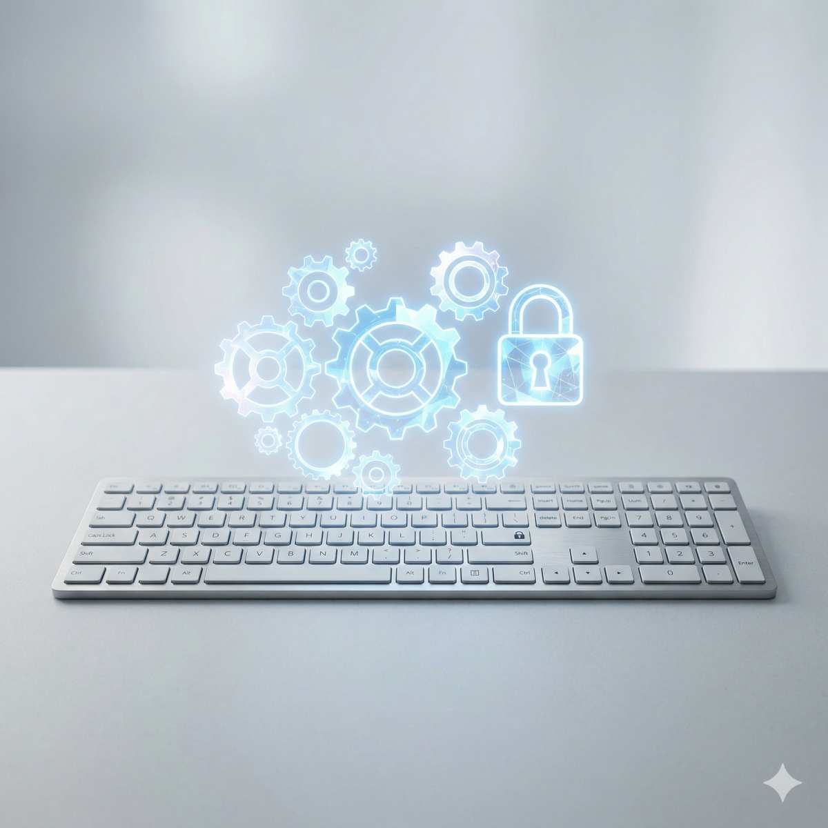 ミニマルなシルバーのコンピューターキーボードと、その上に浮かぶ抽象的に光るデジタルな歯車と南京錠のシンボル、柔らかなスタジオ照明、すっきりとした背景
