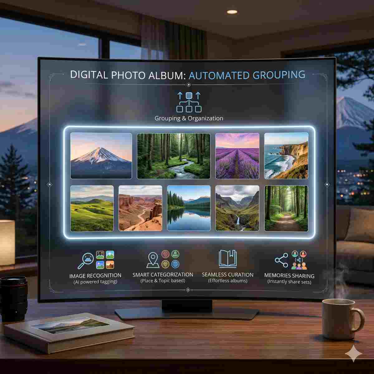 写真共有の設定をイメージした、デジタルアルバムに写真が集まっていくインフォグラフィック
