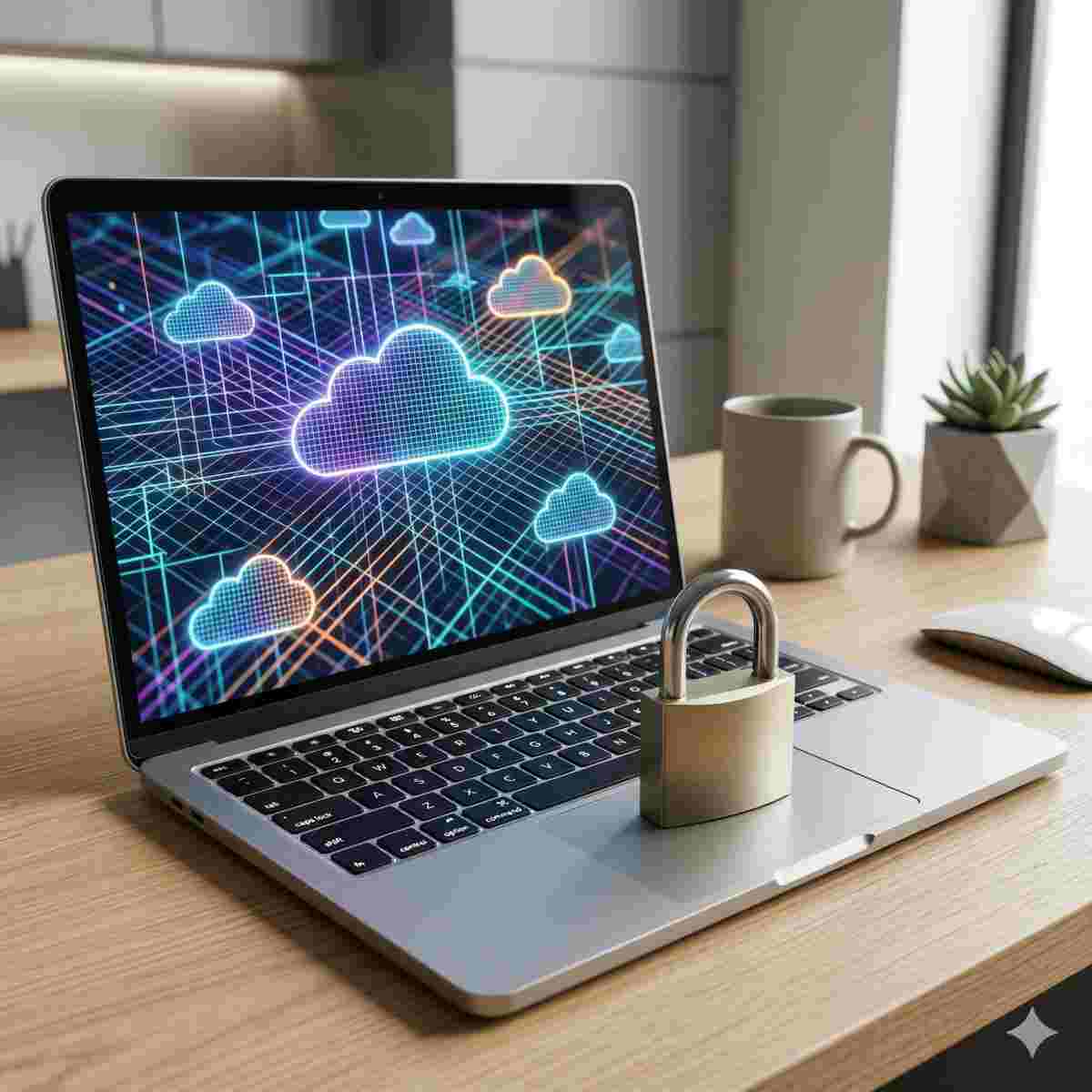 デスク上のノートパソコンと抽象的なグリッド線とキーボードに置かれた南京錠
