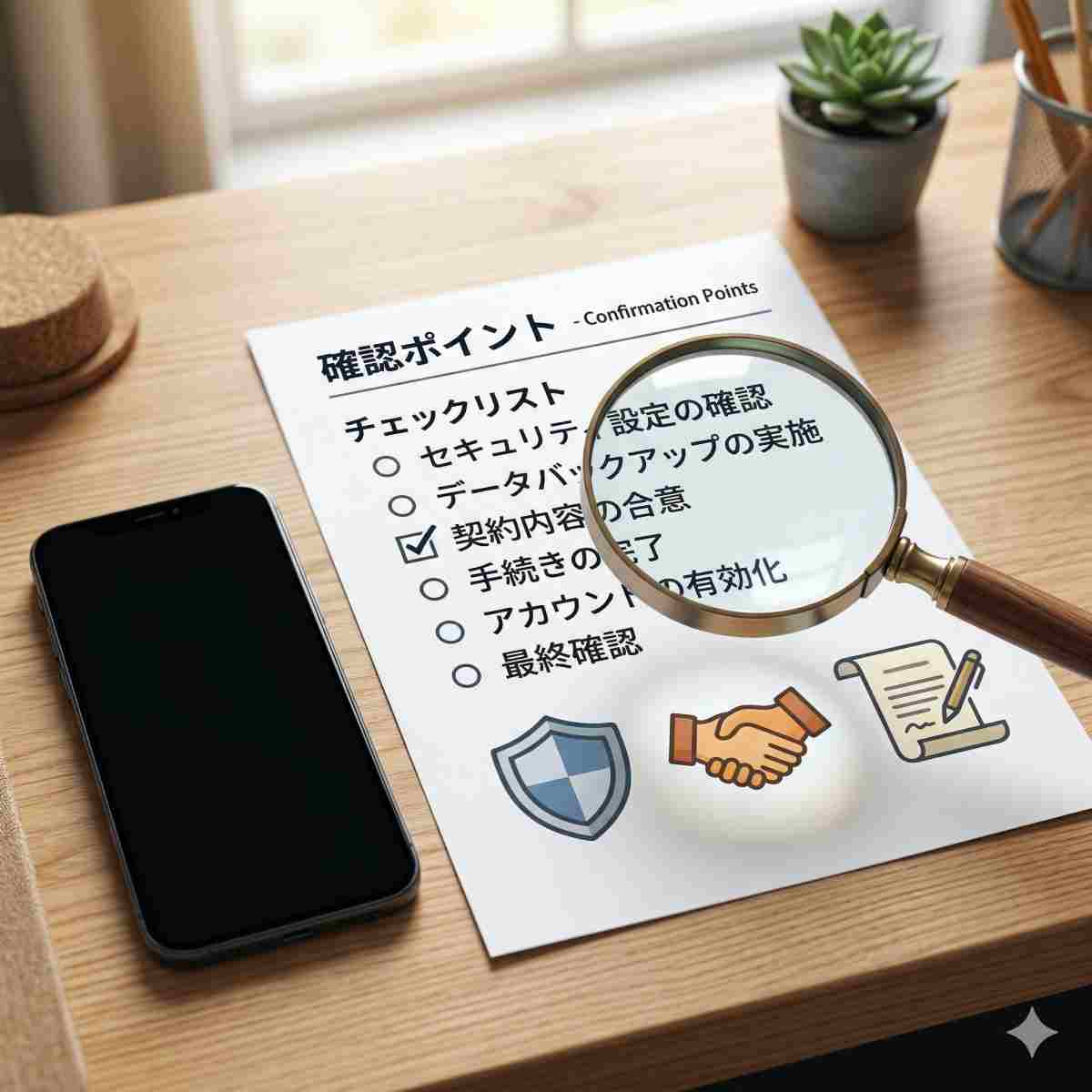 清潔な机の上のコンセプト写真。汎用スマートフォンの横に、抽象的なチェックリストの箇条書き日本語の試験構造、例：確認ポイントが書かれた紙がある。盾、握手、契約書のアイコンが配置されている。拡大鏡が上にかかっている。柔らかな光。