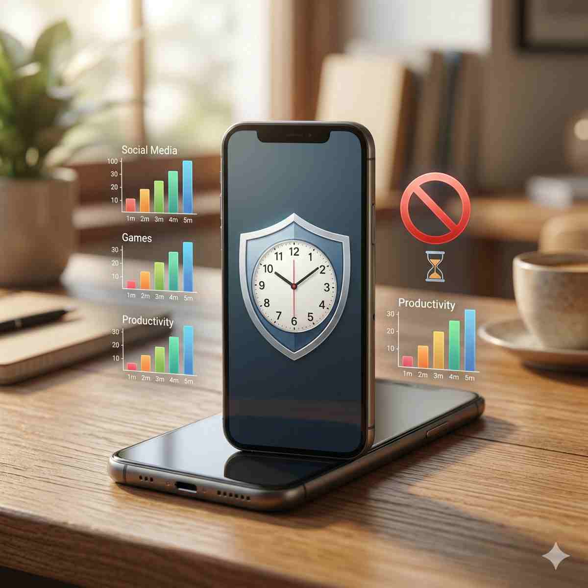 スクリーンタイムの制限を象徴する時計と盾のアイコンが、スマートフォンの周りに浮かんでいる様子
