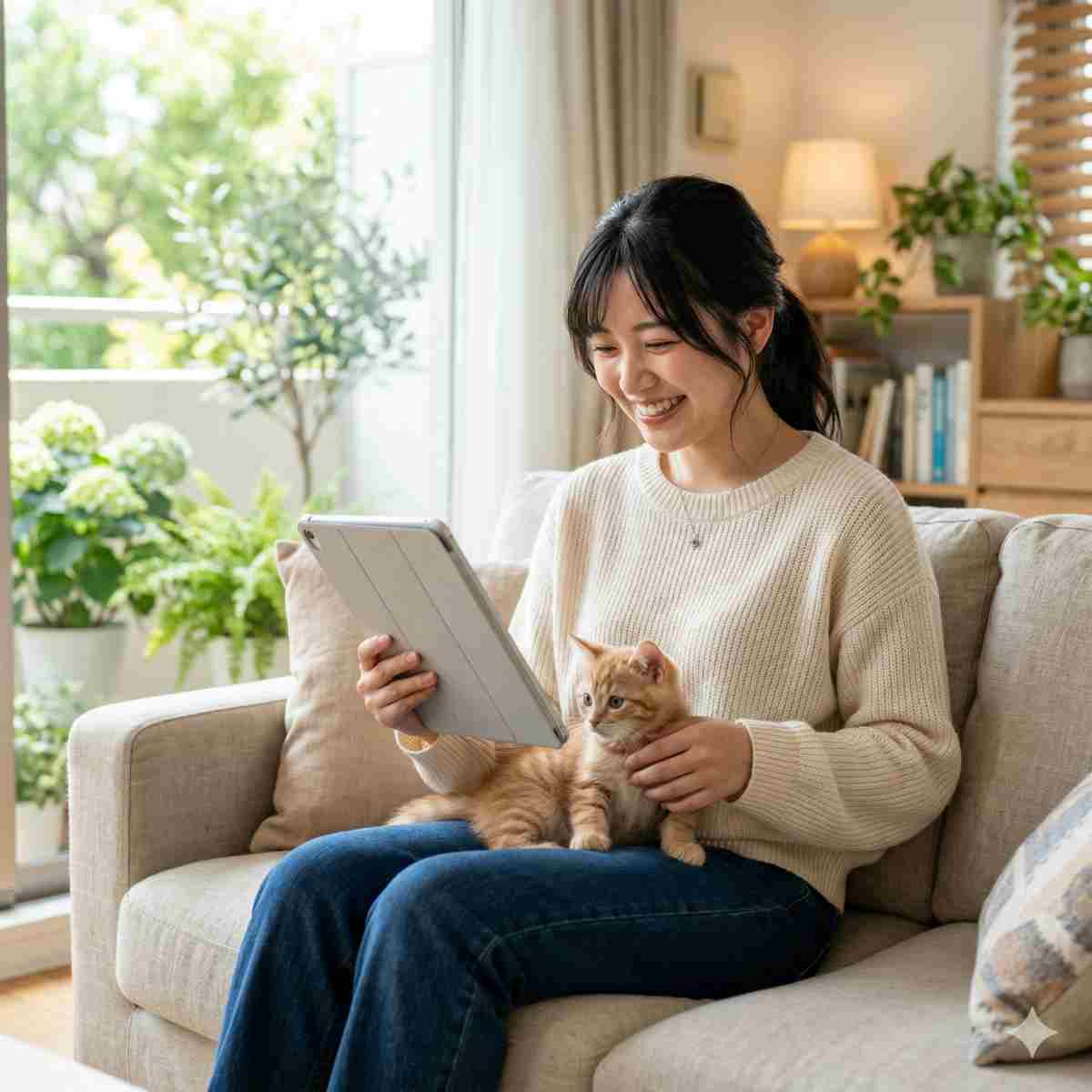 アプリやサブスクを楽しむ20代日本人女性と、膝の上に乗る子猫
