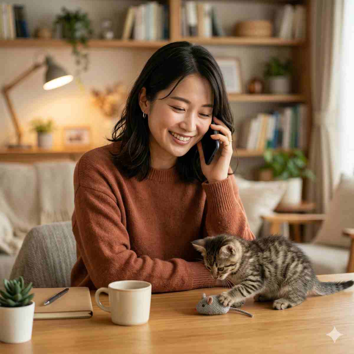 スマートフォンで話しながら安心した表情の20代日本人女性と、机の上でおもちゃのネズミと遊ぶ可愛い子猫、温かみのある室内
