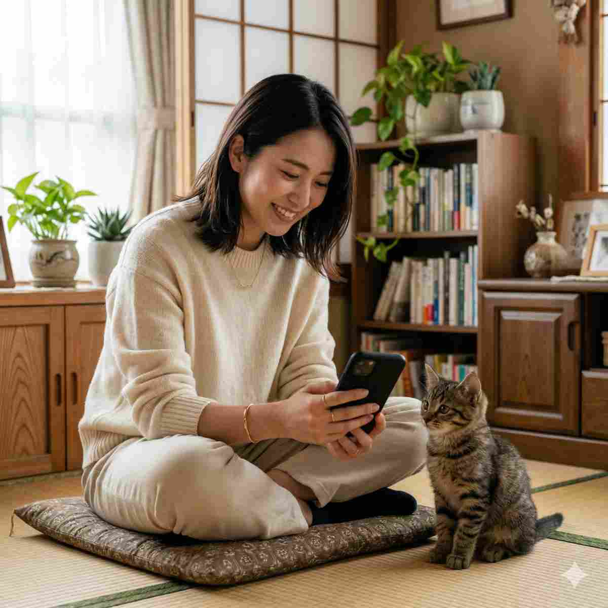 20代日本人女性、正方形画像1:1。温かく居心地の良い日本のリビングルームでのキャンディッドフォト。20代の日本人女性が、優しい笑みを浮かべて汎用スマートフォンを手に持ち、それを見ている。小さな可愛いトラ猫が彼女の横に座り、好奇心旺盛に電話を見ている。柔らかな自然光。