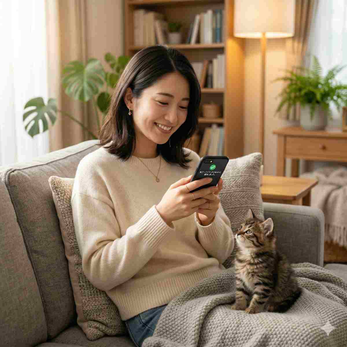 ソファでスマートフォンを持ち安心した表情の20代日本人女性と隣に座る可愛い子猫
