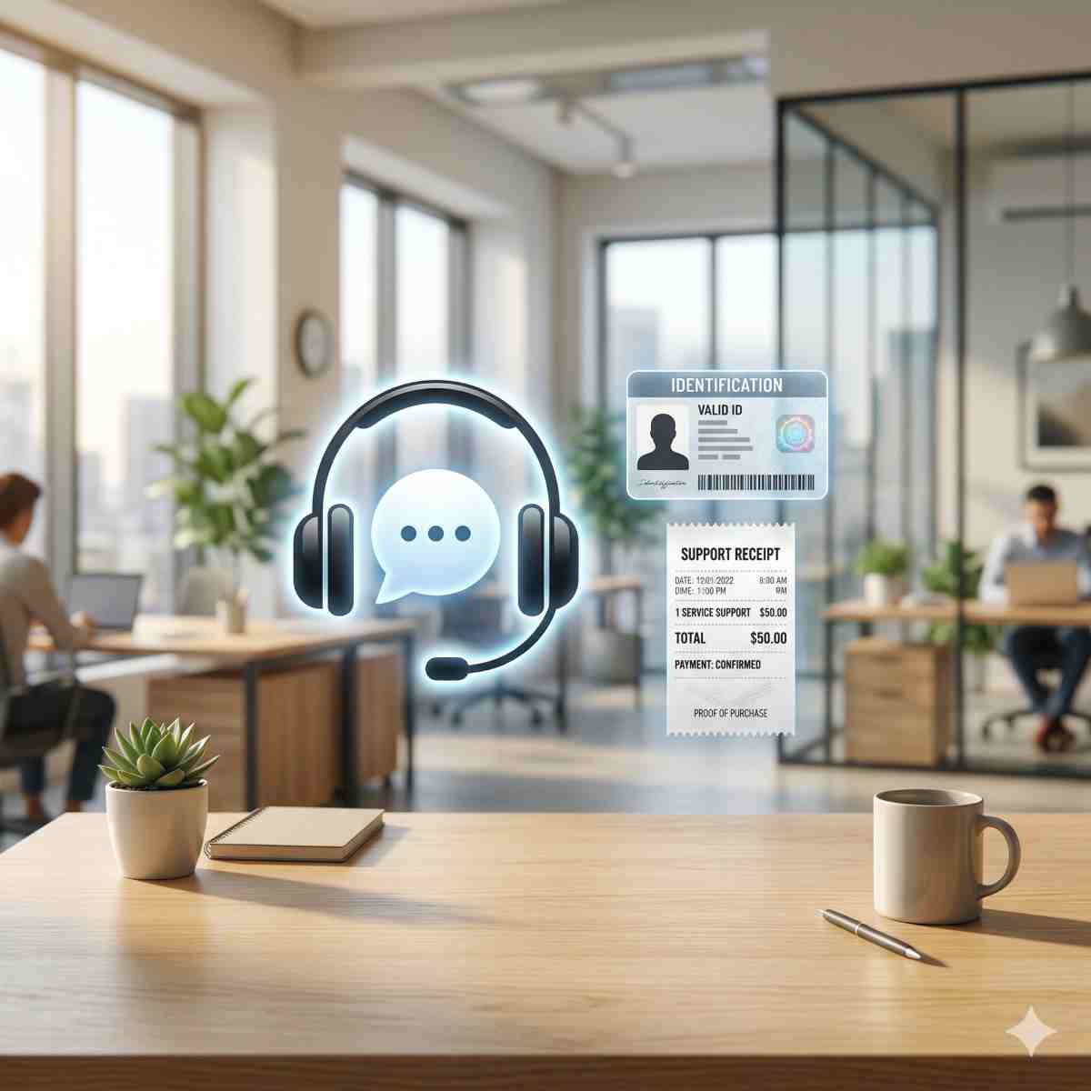 サポートへの問い合わせをイメージしたヘッドセットのアイコンと、本人確認書類や領収書のアイコンが並ぶ様子
