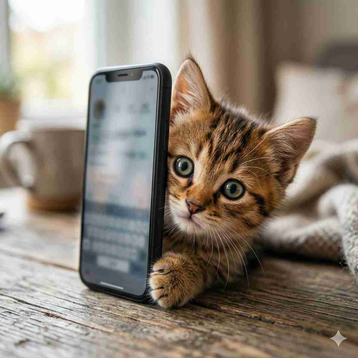 プライバシーへの配慮をイメージした、スマートフォンの後ろに隠れて驚いた表情の子猫
