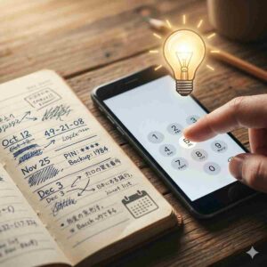 クローズアップのコンセプト写真。汎用スマートフォンの画面上のテンキーの上に、人物を暗示する指が浮いている。周囲のインフォグラフィック要素には、手書きの日付やコードが書かれた紙のノート、カレンダーアイコン、上部に輝く電球アイコンアイデアが含まれる。温かい光。