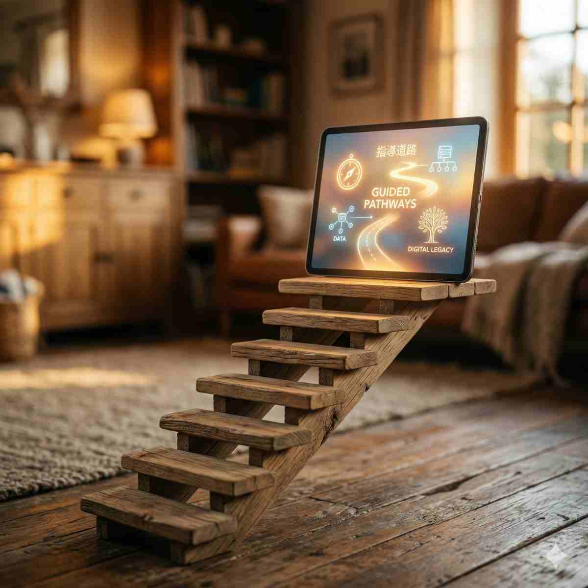 光るタブレットへと続く小さな木の階段のコンセプチュアル写真