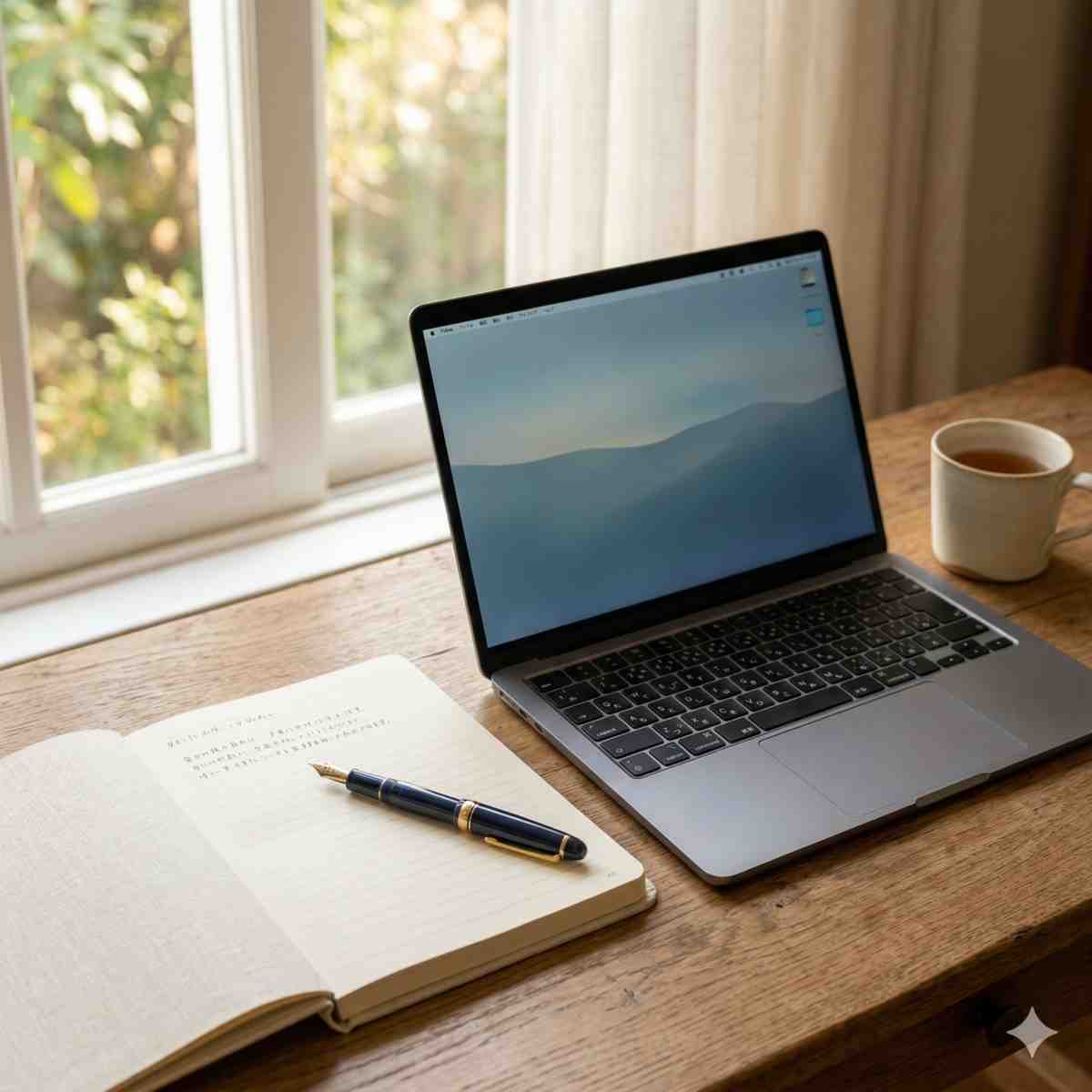 モダンなノートパソコンの隣に置かれた、美しい万年筆が添えられた上品なノート、窓から差し込む柔らかな朝の陽光

