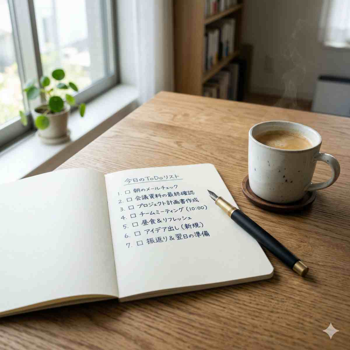 綺麗なデスクの上にあるリスト構造が書かれた紙とペンとコーヒーカップ