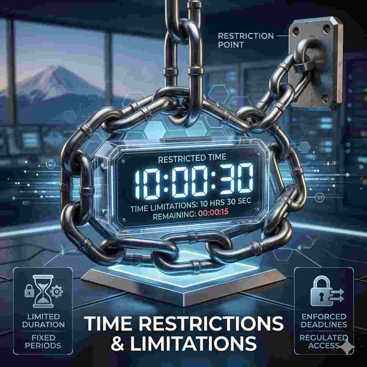 制限やデメリットを象徴する、デジタル時計と鎖のリンクのインフォグラフィック