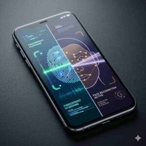 クローズアップのコンセプト写真。汎用スマートフォン。画面には分割されたインフォグラフィックが表示されている：左側はスキャンライトが付いた詳細な人間の指紋アイコン、右側は顔データポイントとスキャンビームが付いた人間の顔のアウトラインアイコン。プロフェッショナルなテック照明。