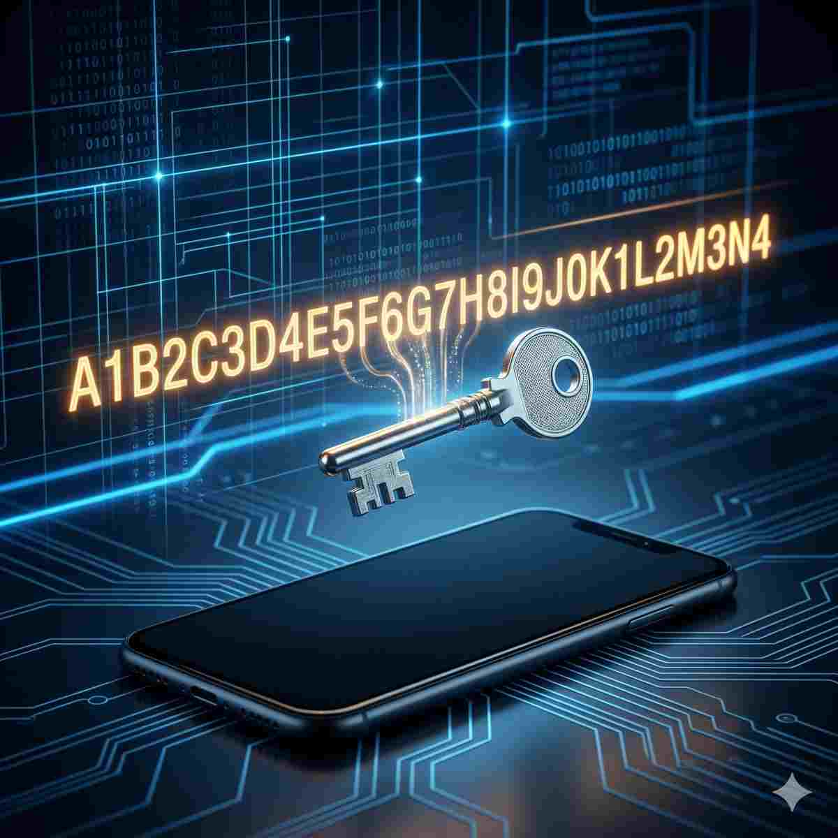 28文字の英数字コードが銀色の鍵に変わっていく様子と、その下にあるスマートフォンのサイバーなイメージ
