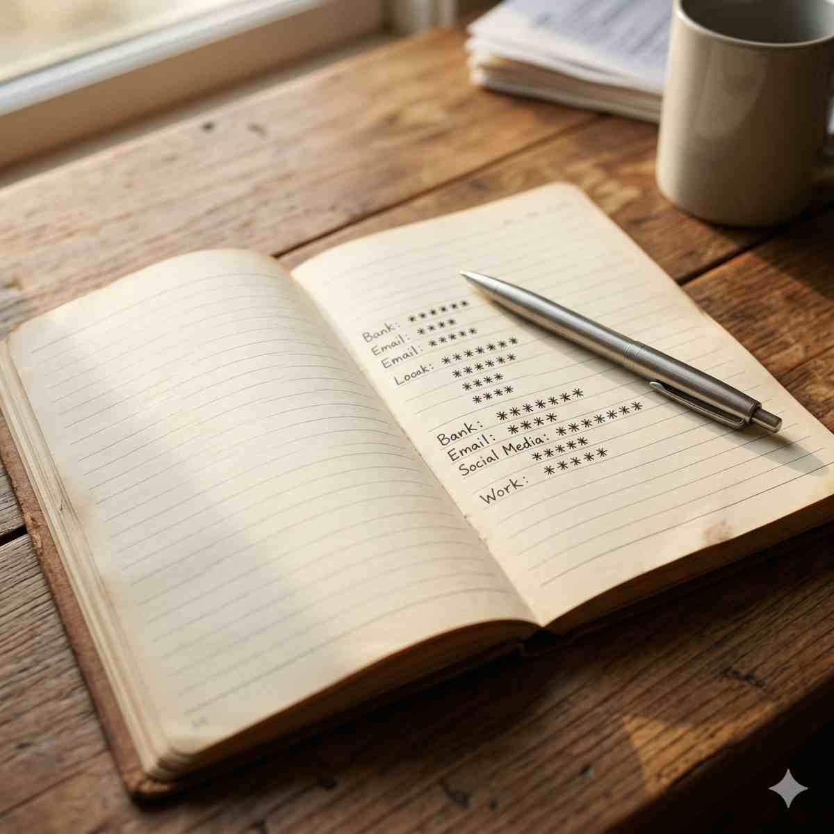 木の机の上に開かれたノートのクローズアップ、パスワードを表す抽象的なアスタリスク記号が書かれた紙とスタイリッシュなペン、温かみのある照明

