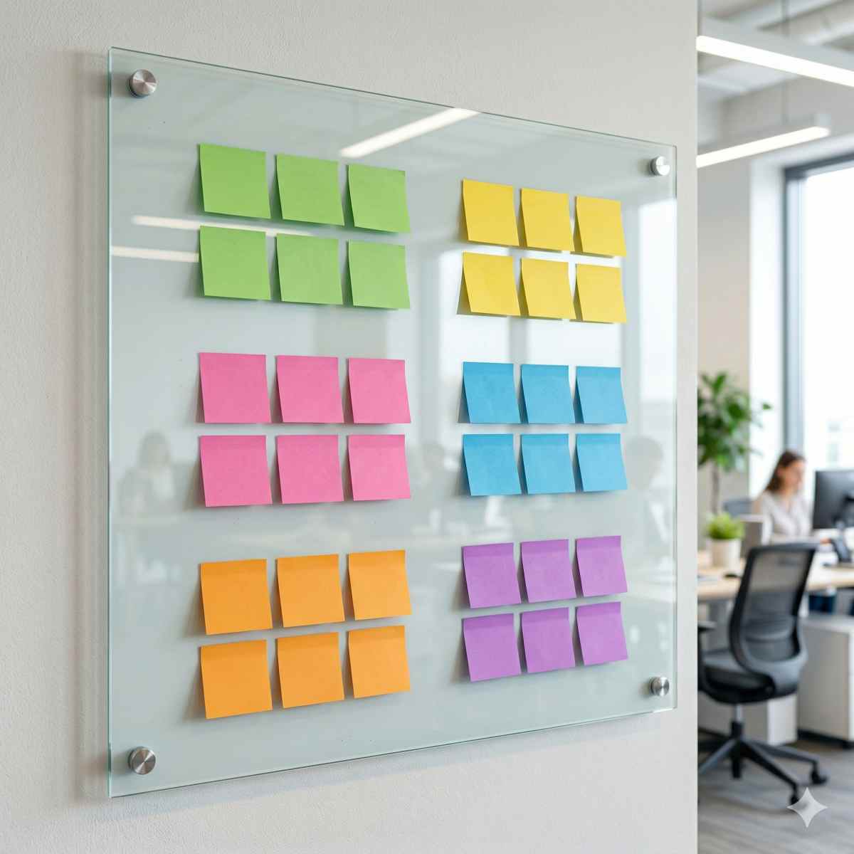 ガラスボードに貼られグループ分けして整理されたカラフルな付箋