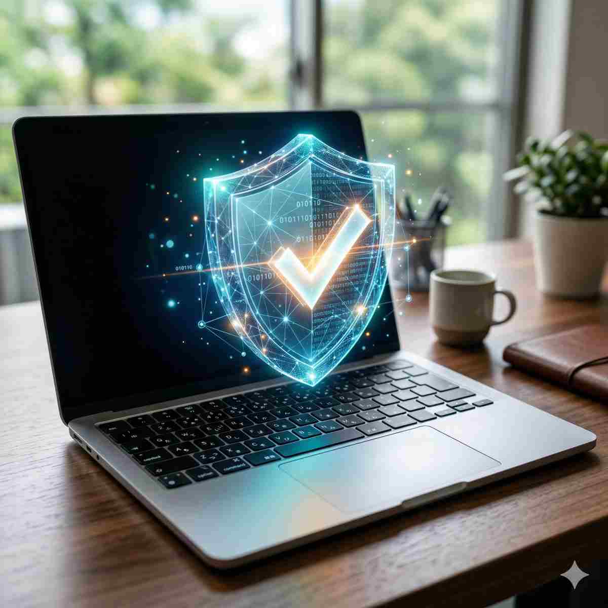 スタイリッシュなノートパソコンのキーボードの上に浮かぶ光るデジタルシールドとチェックマークのシンボル、抽象的なサイバーセキュリティのコンセプト、柔らかな青とオレンジの照明
