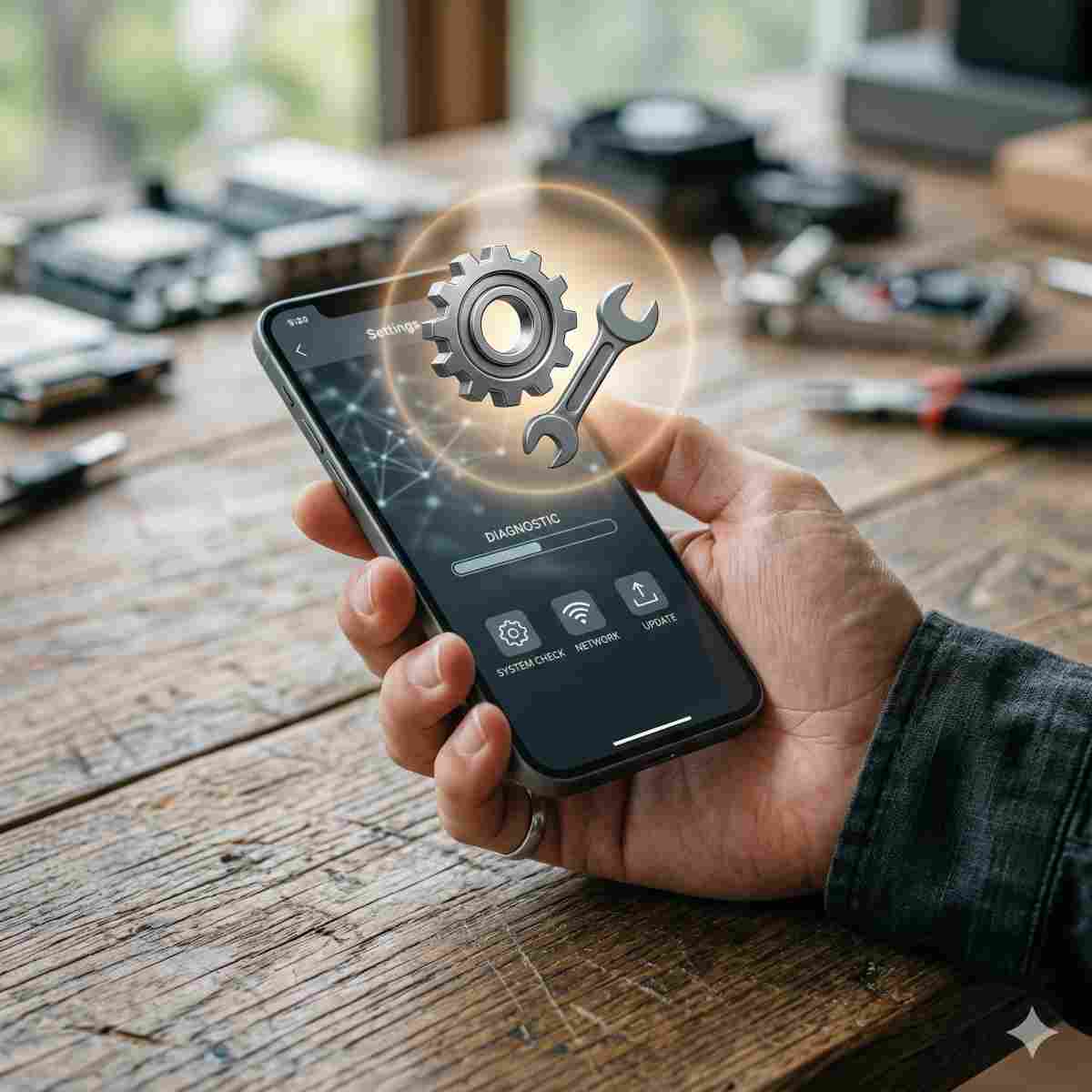 トラブル対処をイメージした、スマートフォンと歯車やレンチのアイコン
