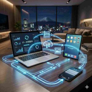 コンセプト写真。最新の汎用タブレット、汎用ノートパソコン、汎用スマートフォンが表面に配置されている。輝くデジタル線と矢印がデバイスを接続し、データ同期を示している。ファイルフォルダ、クラウドストレージ、写真のアイコンがそれらの間を浮いている。動的な照明。