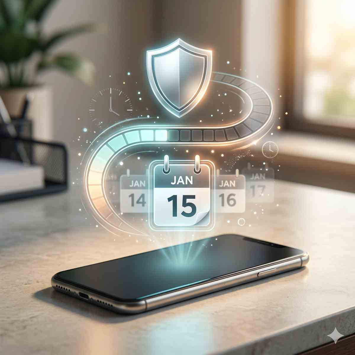 復旧までの待ち時間を表現した、ゆっくり進む進捗バーとカレンダー、盾のアイコンのイメージ
