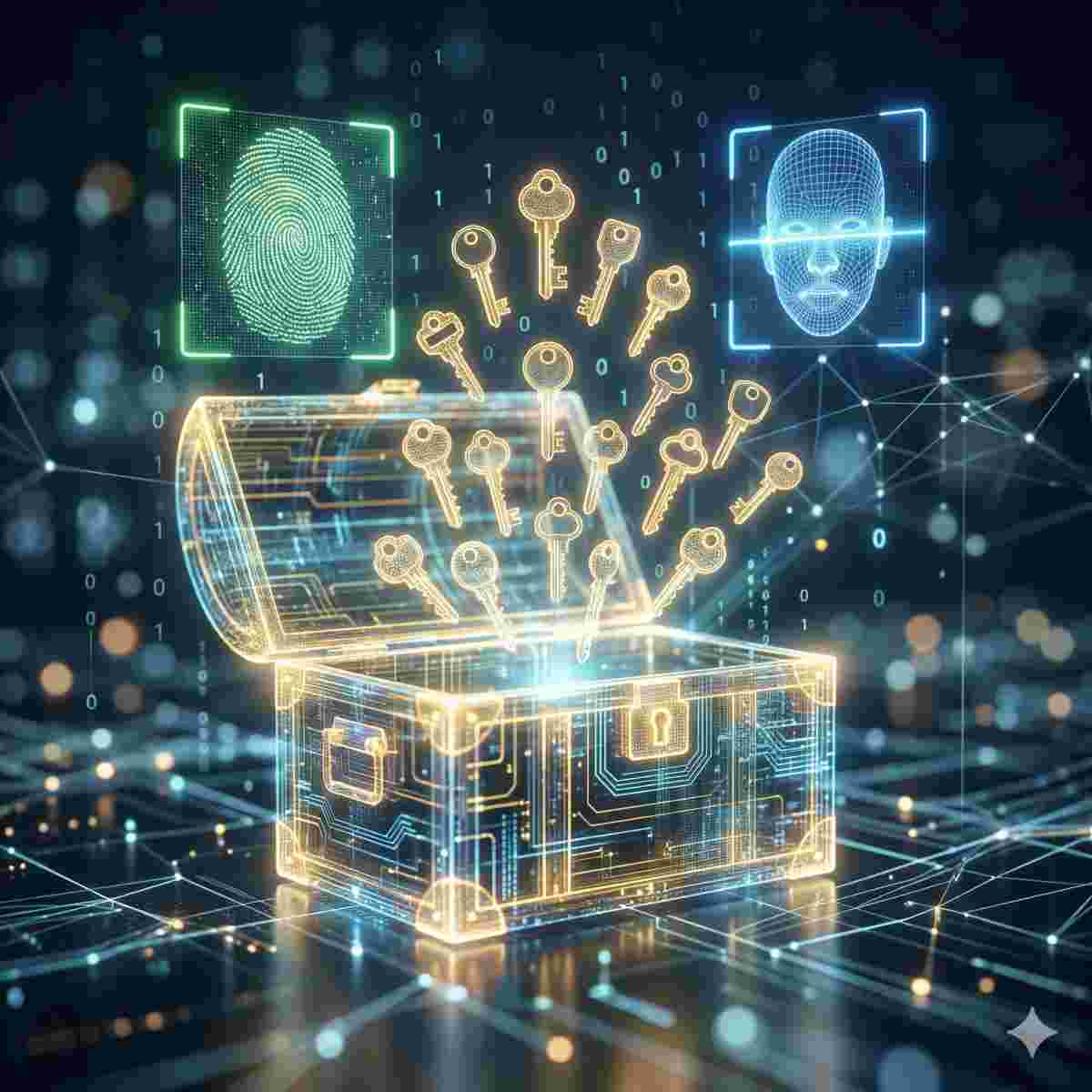 パスワードマネージャーを象徴する、鍵が入った光る宝箱と生体認証のアイコンが並ぶ現代的なイメージ
