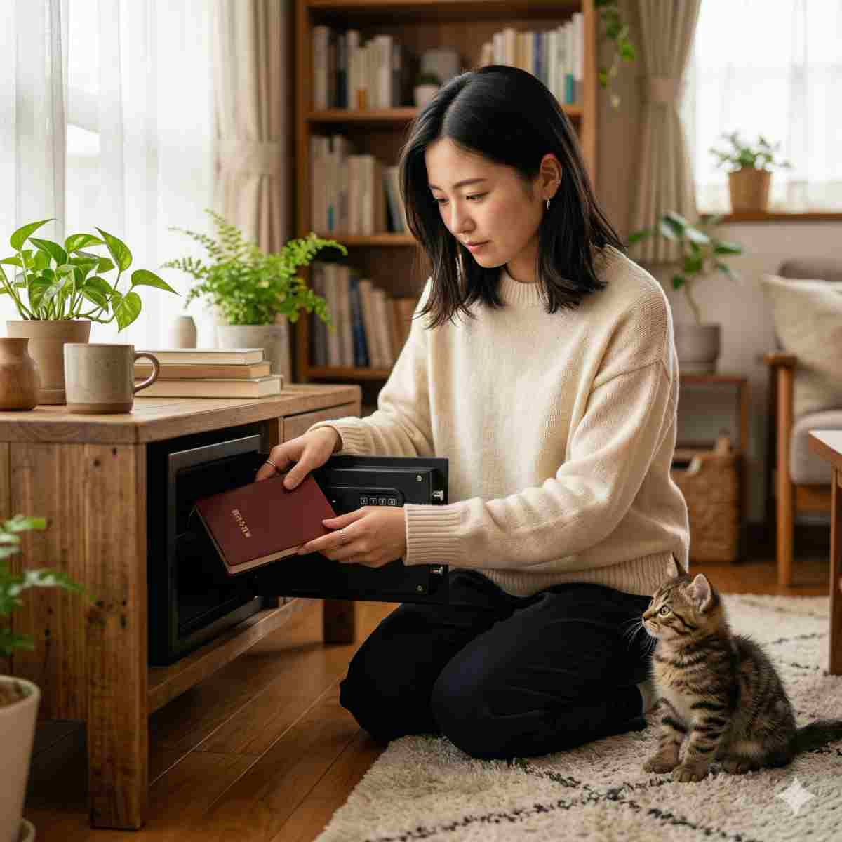 ノートを家庭用小型金庫に慎重にしまう20代日本人女性とそれを見つめる子猫