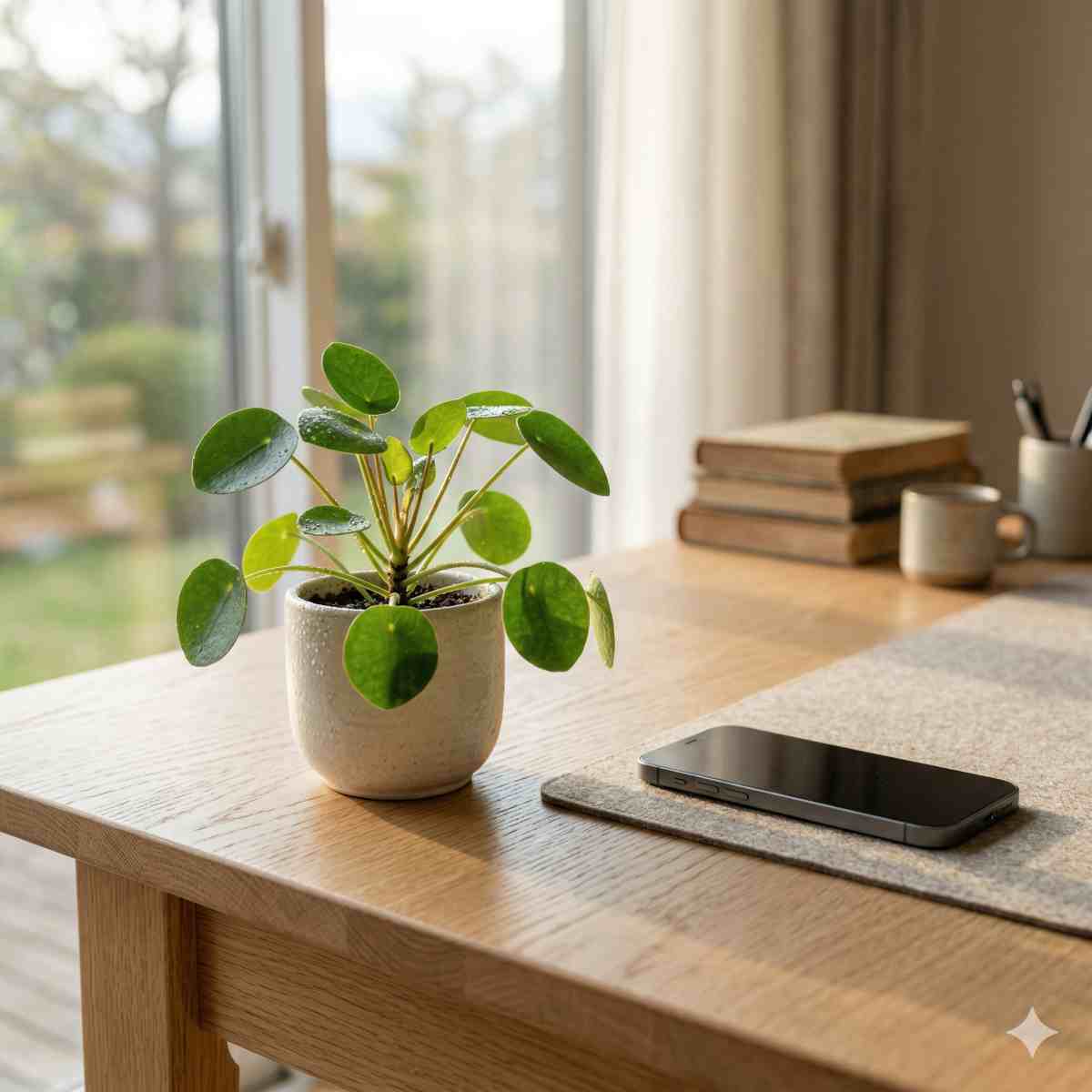 デジタル終活をイメージした、デスクの上のスマートフォンと小さな観葉植物