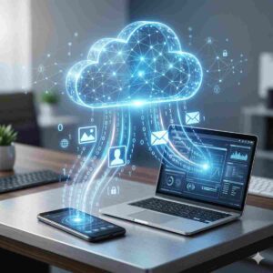 インフォグラフィック写真。汎用スマートフォンと汎用ノートパソコン。それらの上に、柔らかな青い光で輝く、大きく詳細なコンセプトクラウドアイコンが浮いている。バイナリコードとデータアイコン写真、連絡先、メールの輝くストリームが、デバイスからクラウドへ上昇している。現代的なデジタルセキュリティの雰囲気。