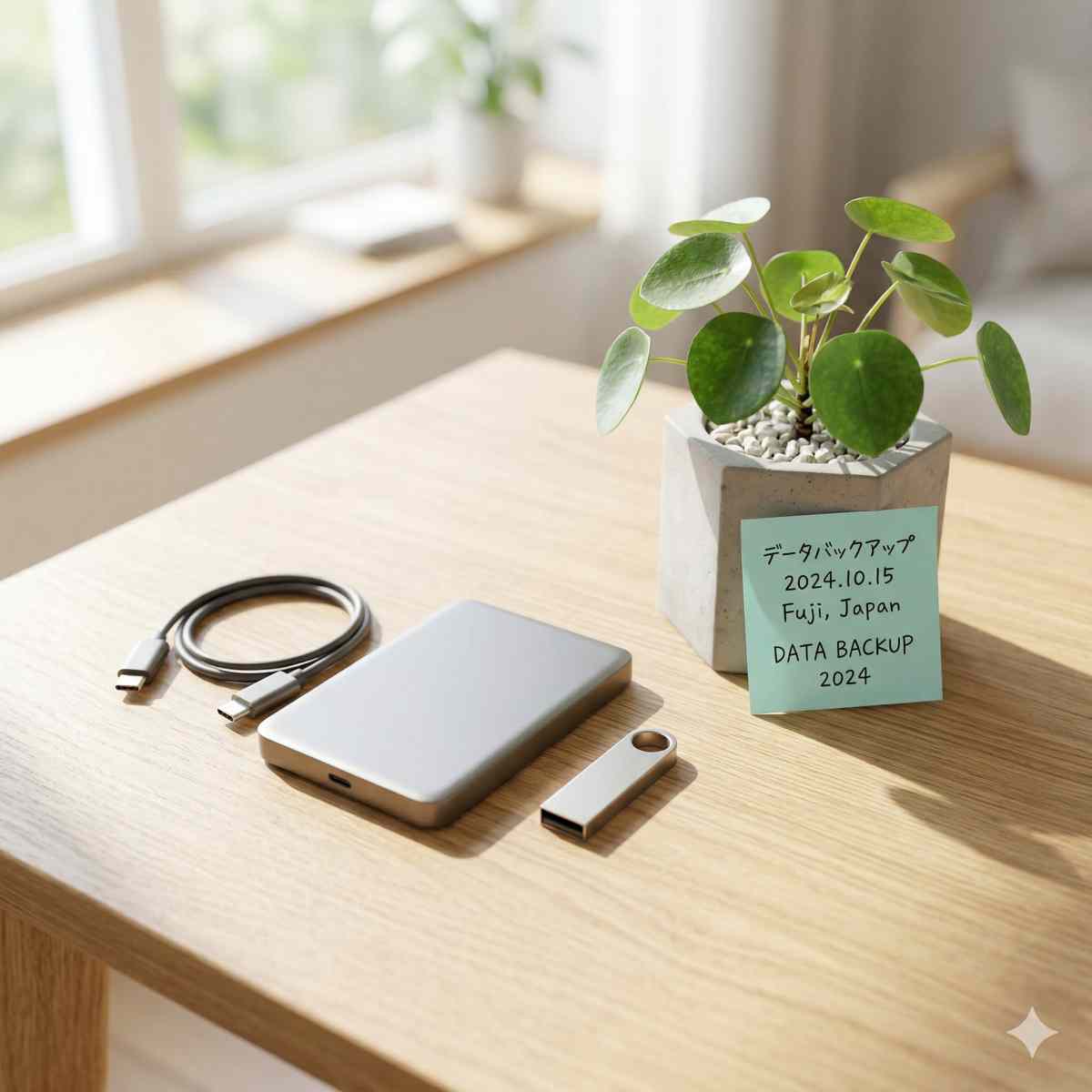 清潔なデスクの上に整然と並べられたモダンな外付けハードディスクとUSBメモリ、隣に小さな観葉植物と付箋、明るい自然光