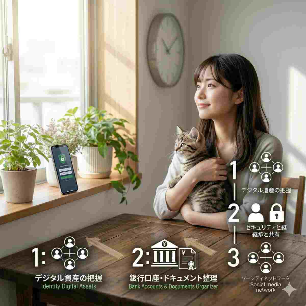 
子猫を抱き、穏やかな表情で窓の外を眺める20代の日本人女性。窓辺にはスマートフォンと小さな観葉植物が置かれている。希望に満ちた爽やかな雰囲気、非常にクリアな画質。

