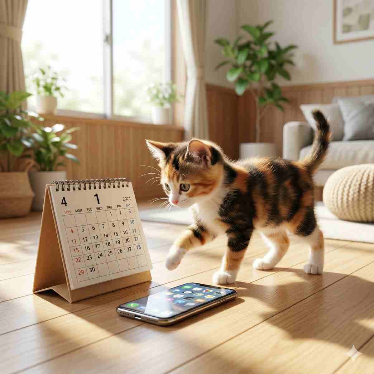 明るいリビングの床で、カレンダーと最新のスマートフォンを興味深そうに覗き込む可愛い三毛猫の子猫。窓から差し込む光が新しい始まりを強調している。